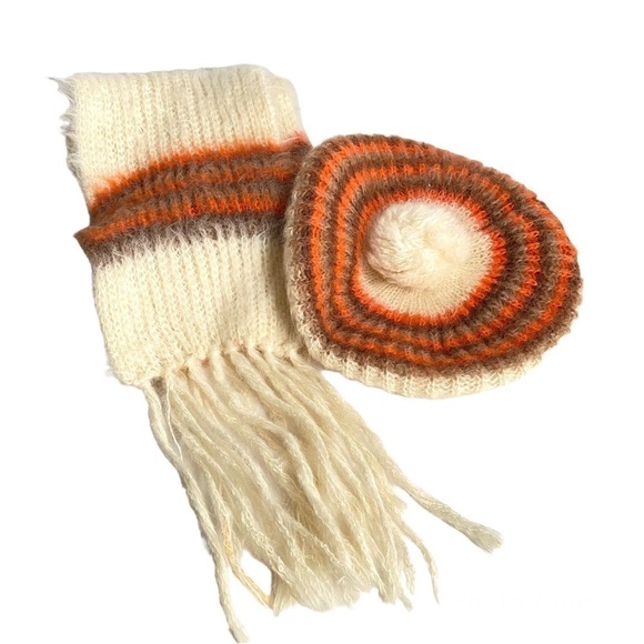 Vintage 60s Hat & Scarf Set Italian Knit Wool Mohair Winter Cream Orange Brown - Picture 2 of 14